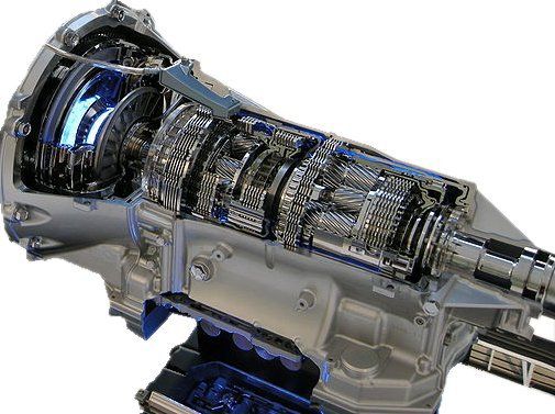 Transmission automatique Vue en coupe d'une transmission automatique, présentant les engrenages internes, les arbres et le convertisseur de couple.