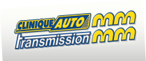 Logo : Clinique Auto Transmission ; texte jaune et bleu avec quatre formes « mm » jaunes.