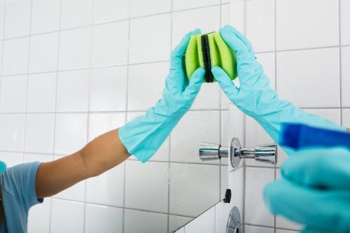 pulizia delle mattonelle del bagno