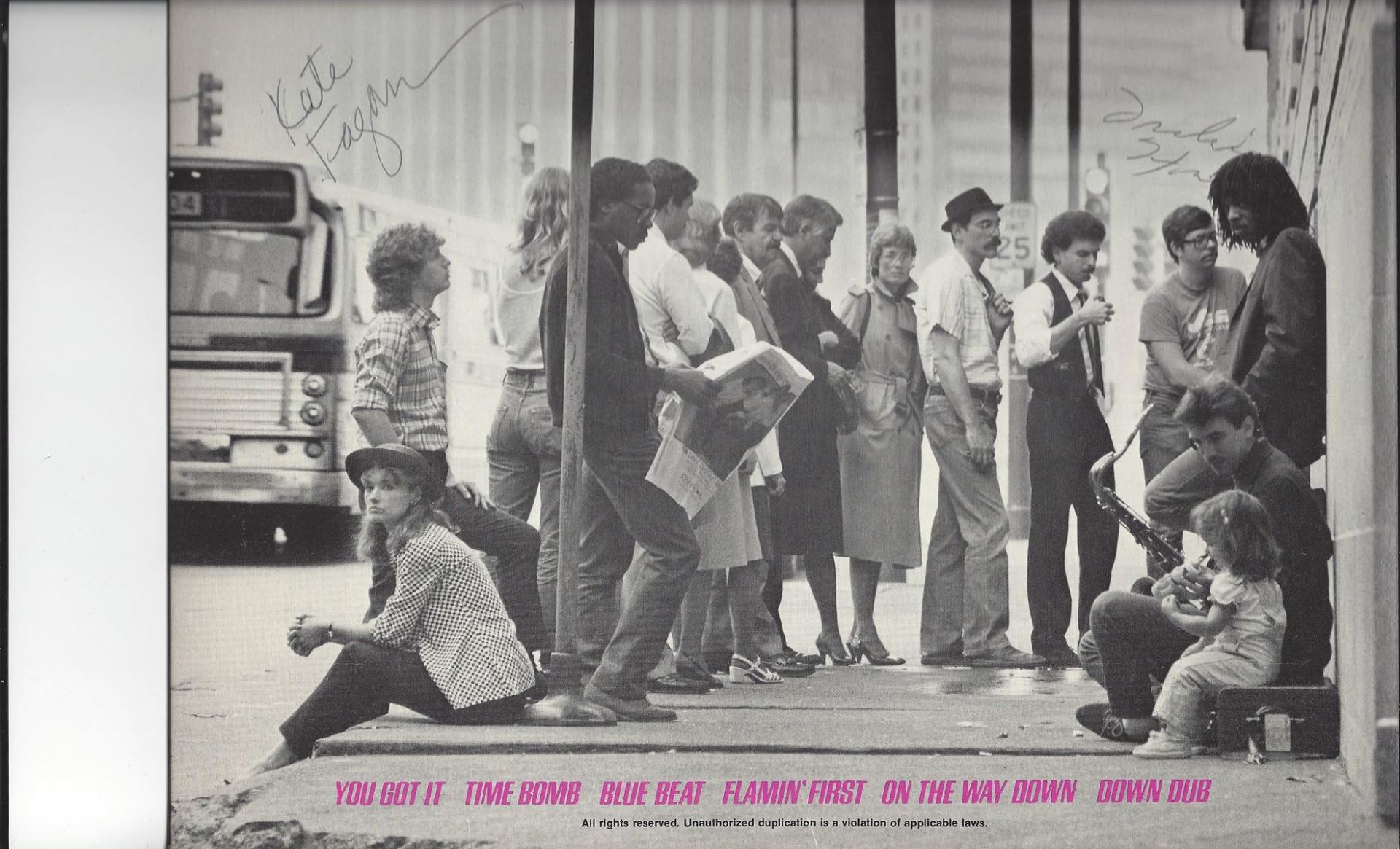 A black and white photo of people waiting at a bus stop