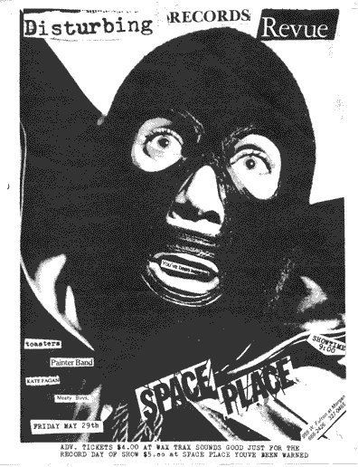 A poster for disturbing records revue shows a man wearing a mask