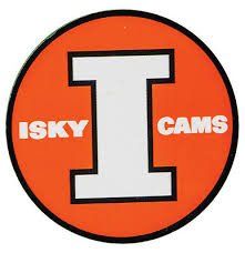 Orange circle with black border; large white 