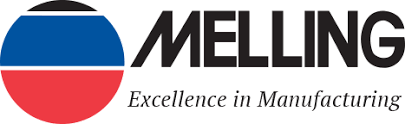 Logo for Melling, with a blue, red, and black circle and the words 