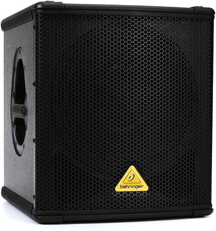 Black Behringer subwoofer speaker with a honeycomb grill and yellow logo.