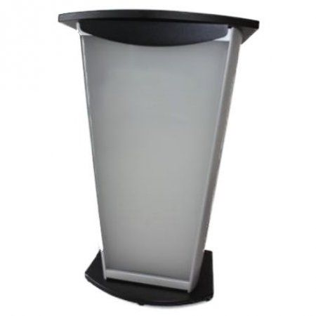 Black and white lectern. Angled body, with a large, opaque central panel, and a black top and base.