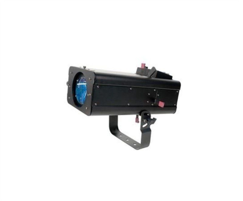 Black stage light with adjustable bracket; blue lens; pink control knobs.