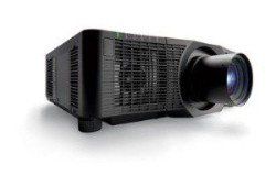 Black projector with a large lens and ventilation grilles.