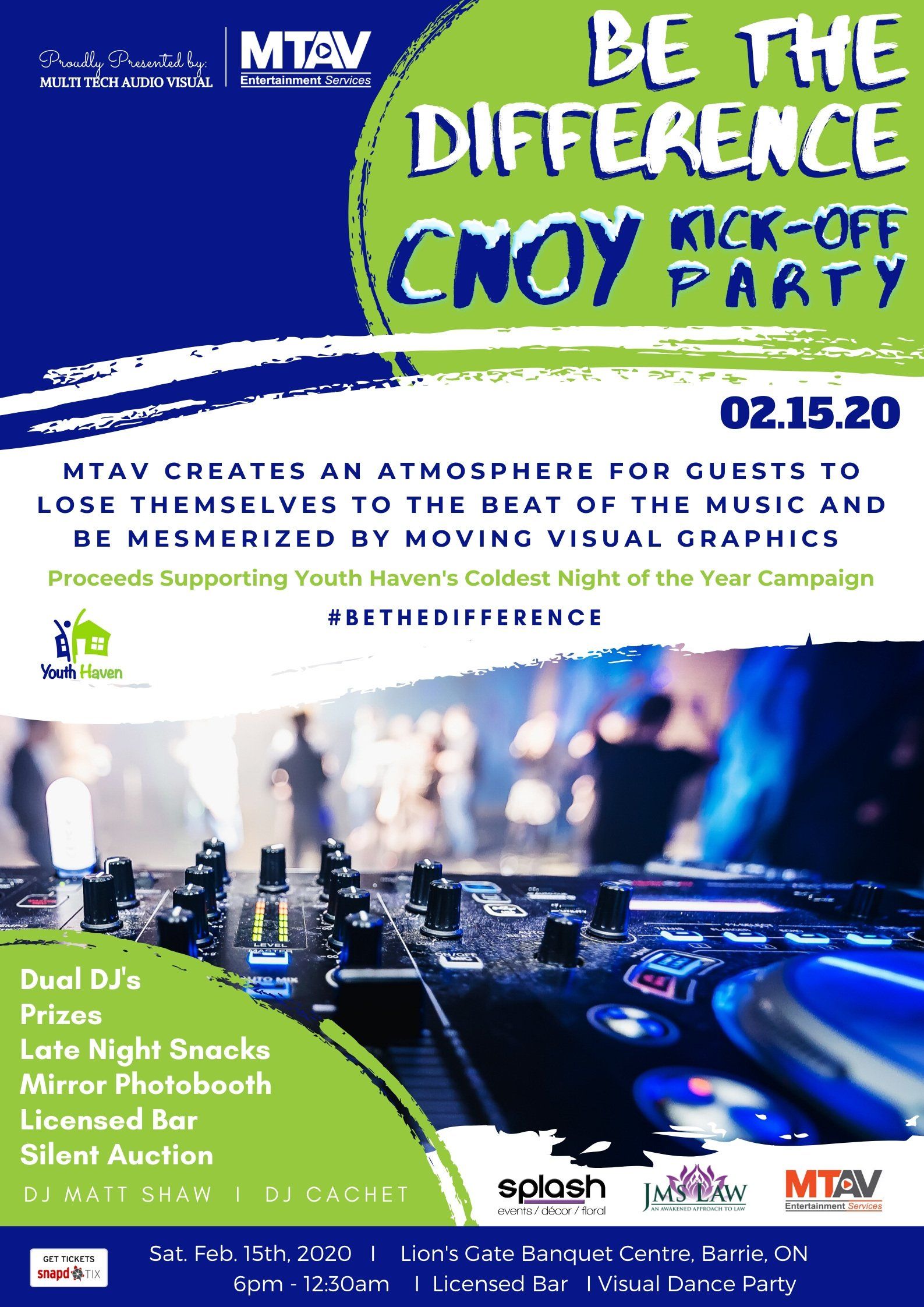 Poster for a CNY kick-off party, featuring a DJ, with green and blue color scheme, and details like a licensed bar and silent auction.