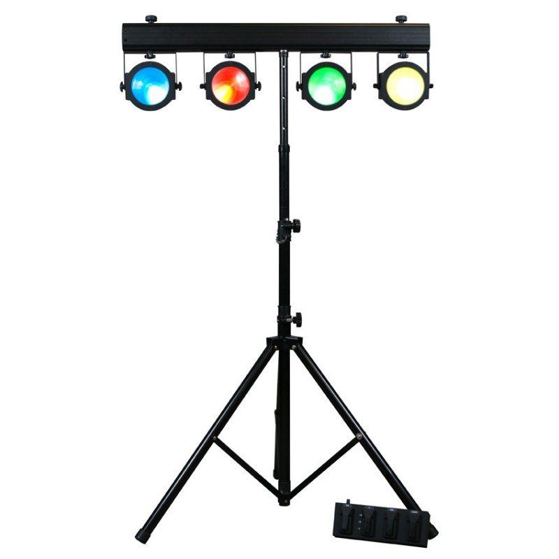 A black lighting stand with four colored spotlights.