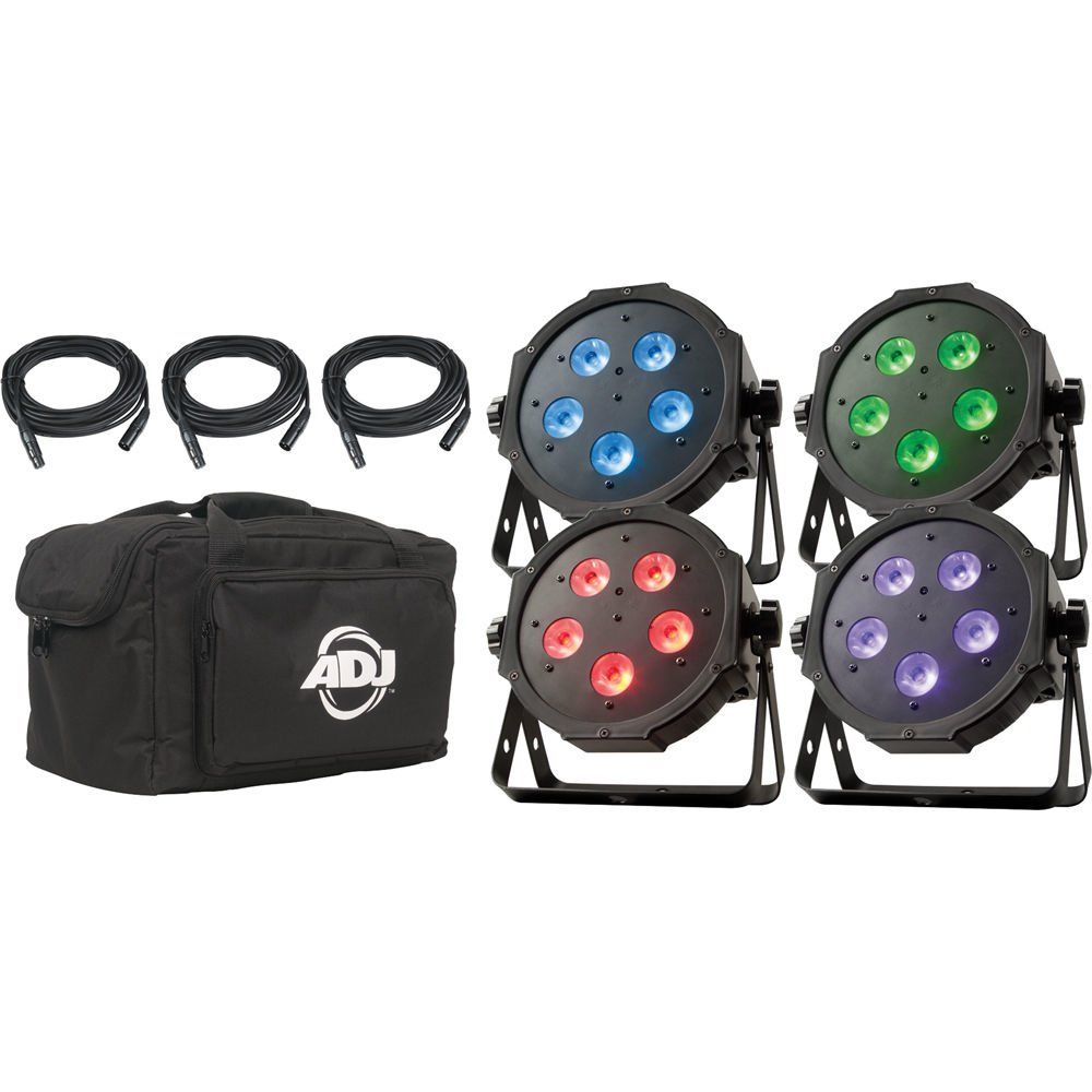 Four multi-colored LED stage lights with cables, bag.