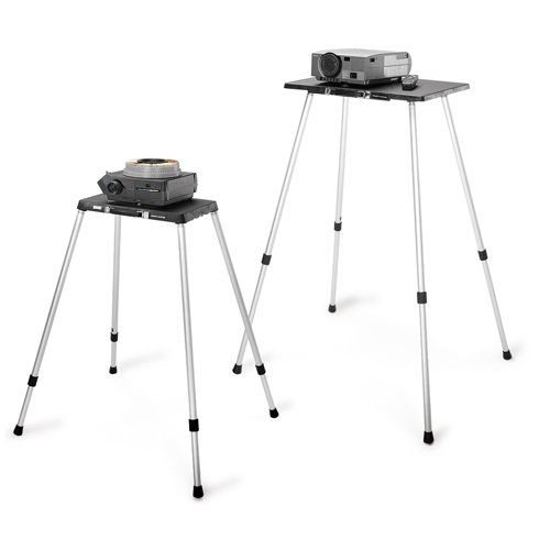 Two projectors on adjustable tripod stands, black surfaces, silver legs.