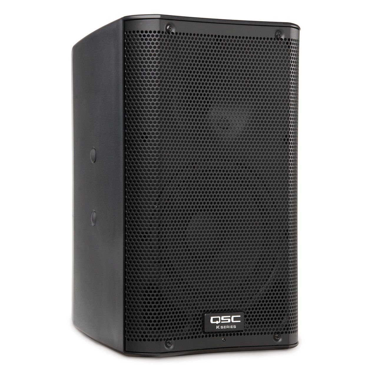 Black QSC K10.2 loudspeaker on white background with metal grill.