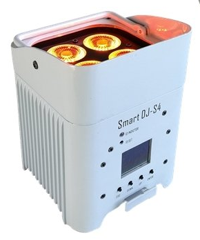 White DJ light with four orange LEDs, small screen, and control buttons; labeled