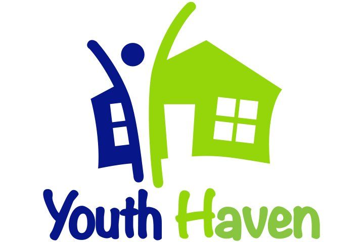 Logo for Youth Haven: Blue and green house shape with figure reaching upward,
