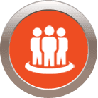 Three white figures inside a red circle, silver border, a circle of curved lines around the figures.