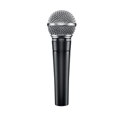 Black and silver Shure SM58 microphone, a handheld dynamic vocal microphone.