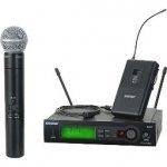 Wireless microphone system with handheld mic, receiver, and bodypack transmitter.