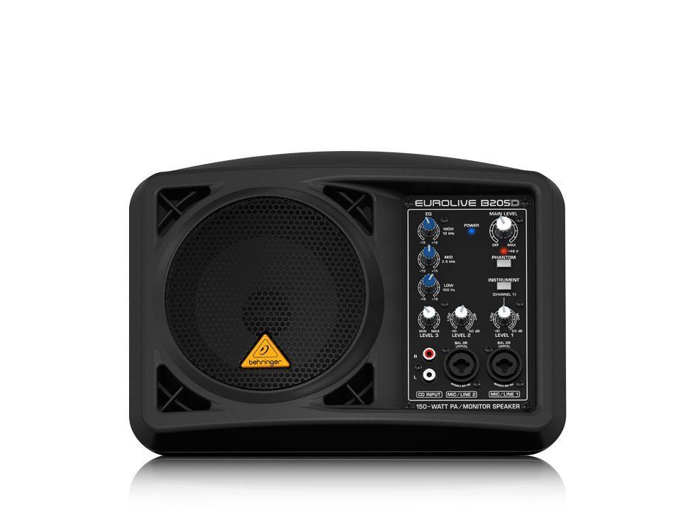 Black Behringer Eurolive B112D portable PA speaker with controls and input jacks.