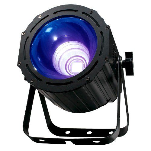 Black stage light emitting blue and white light, mounted on a bracket.