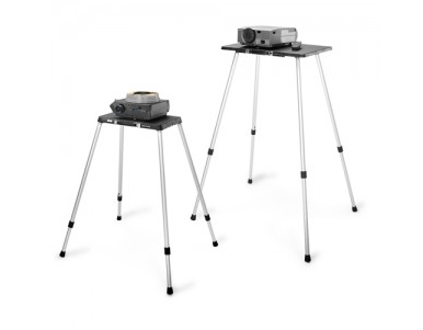 Two projector stands with silver legs and black tabletops, each holding a projector.