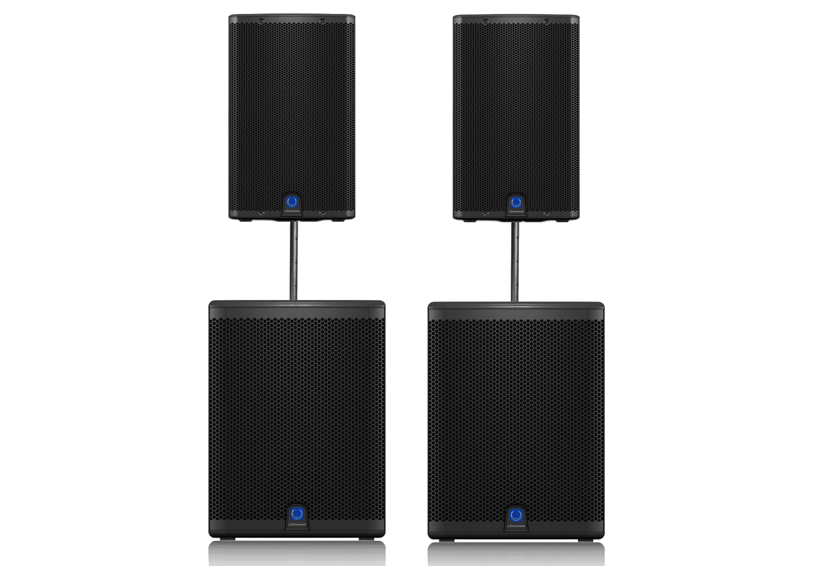 Two black speaker stacks with a subwoofer and a top speaker on a stand.