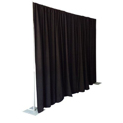 Black fabric backdrop on a metal frame, used for photo or event staging.