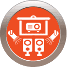 Orange circle icon of a projector screen, projector, speakers, and spotlights.