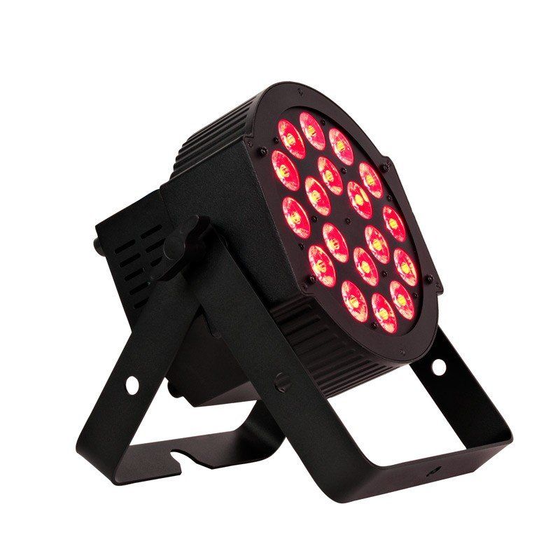 Black LED par light with red lights, angled on a stand.