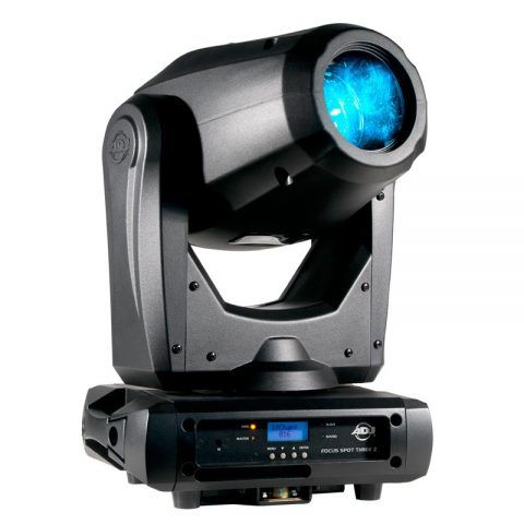 Black moving head spotlight projecting blue light.