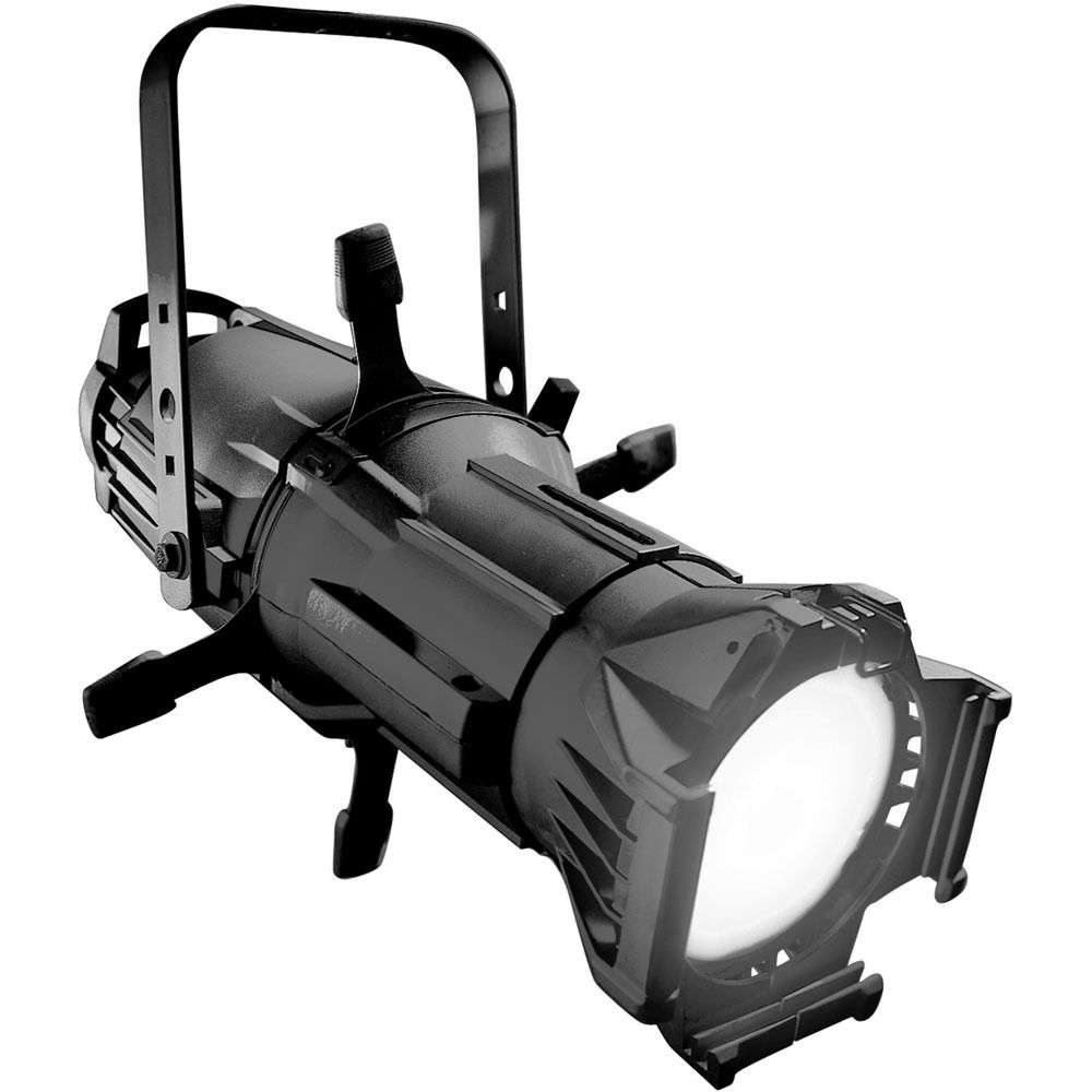 Black stage light, emitting bright white light, with adjustable yoke and handle.