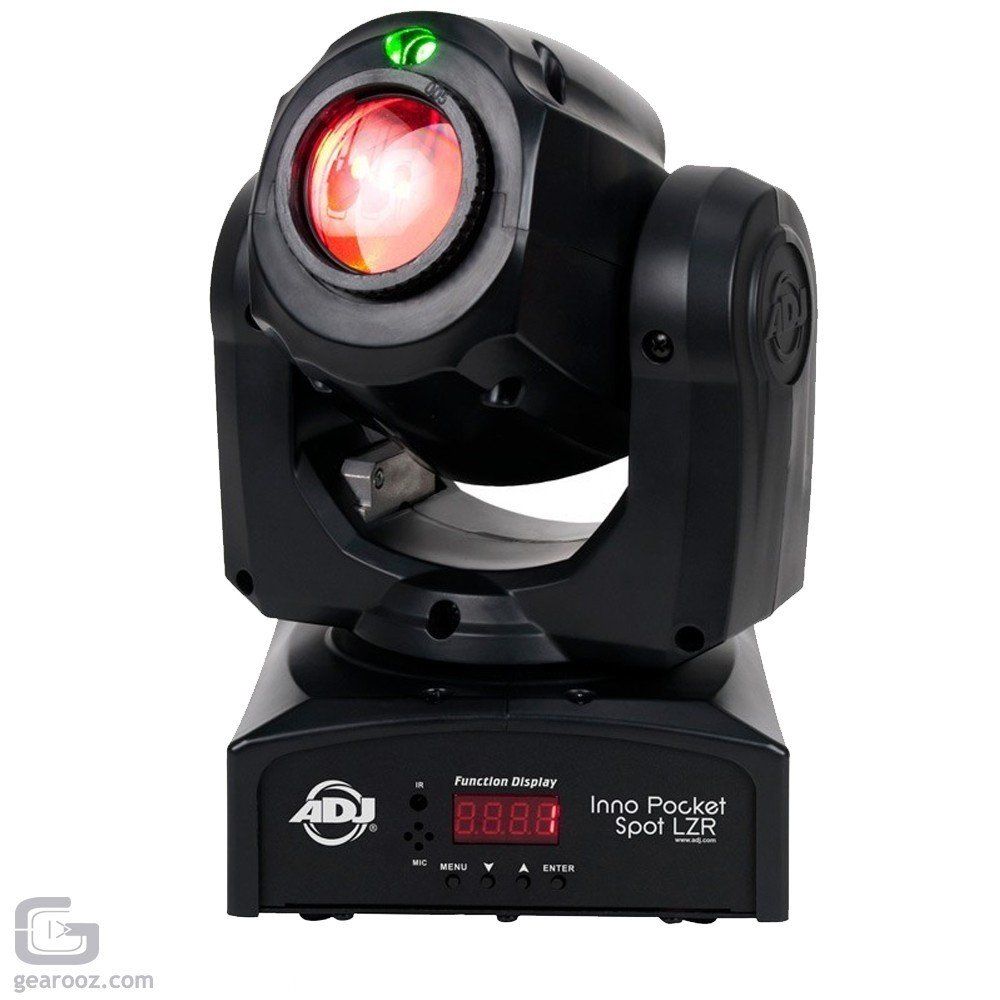 Black stage light with a red lens, display screen, and control buttons.