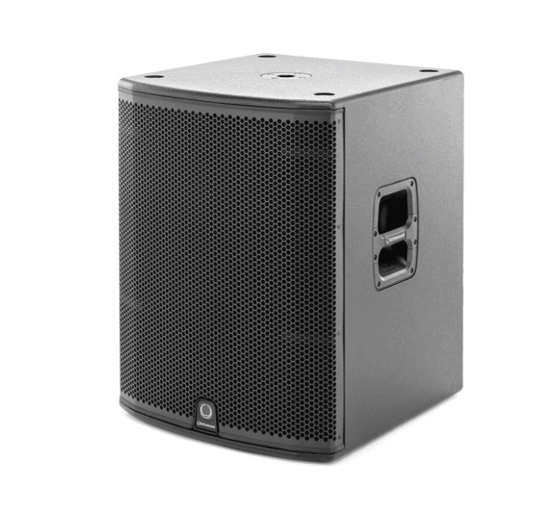 Black subwoofer speaker with a metal mesh front.