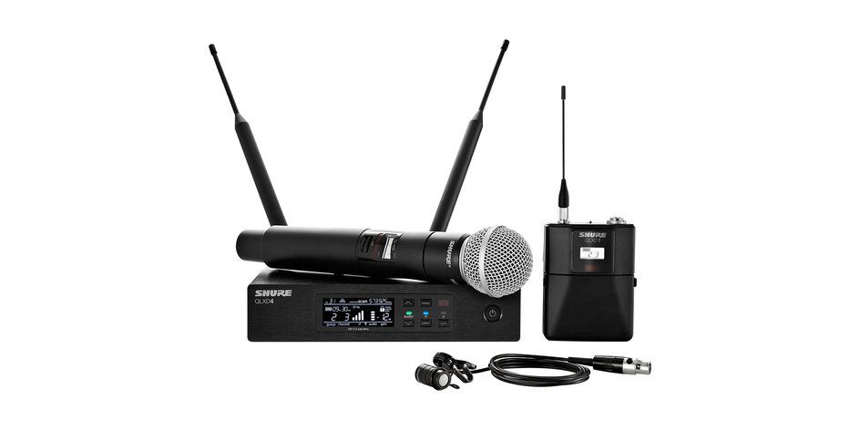 Wireless microphone system with handheld mic, receiver, and bodypack transmitter.