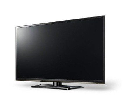 Black flat-screen TV on a stand, turned slightly towards the viewer, against a white background.