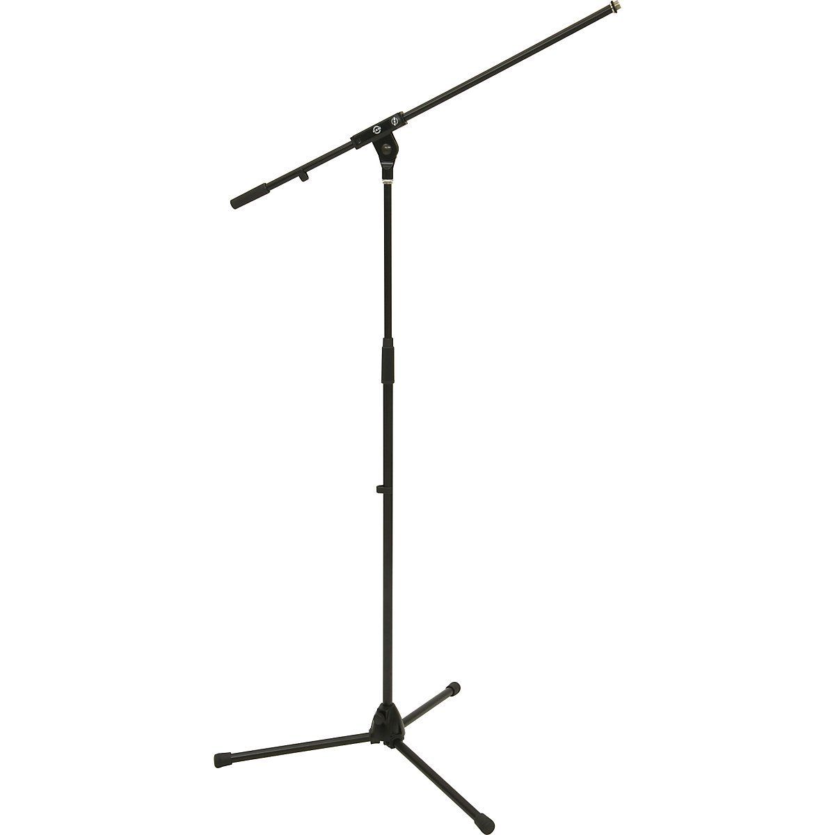 Black microphone stand, telescoping height, with boom arm extended to the left.