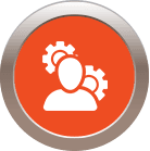 White figures with gears on orange circle, silver frame.