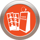 Orange circle with photo booth strips and 