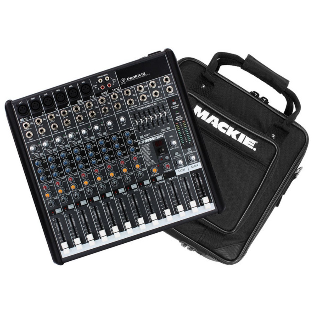 Mackie audio mixer with black case, knobs, sliders, and input/output ports.
