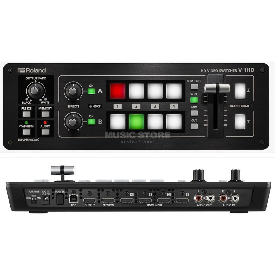 Roland V-1HD video switcher. Black with buttons and faders, top and back views.