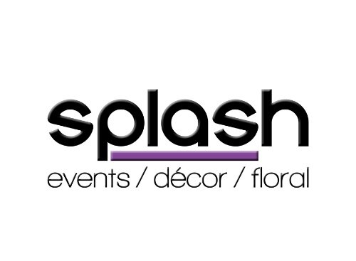 Logo for Splash, an events, décor, and floral company. Black text with a purple bar below the word