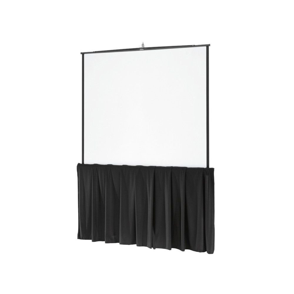 White projection screen with black skirt, hanging against a white background.