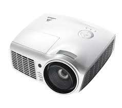 White multimedia projector with lens and air vents.