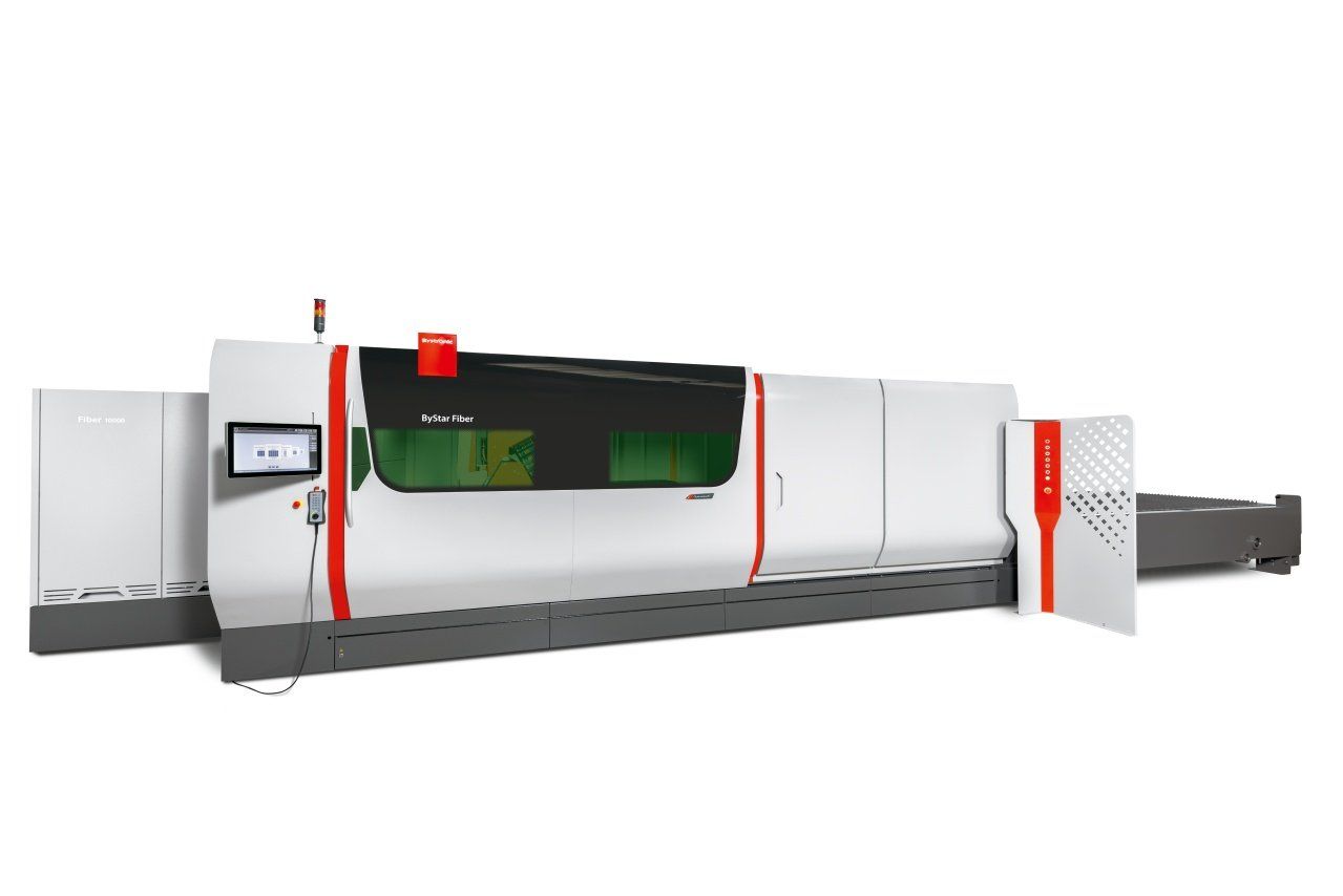 Industrial machine with green viewing window, red accents, and metal conveyor on a white background