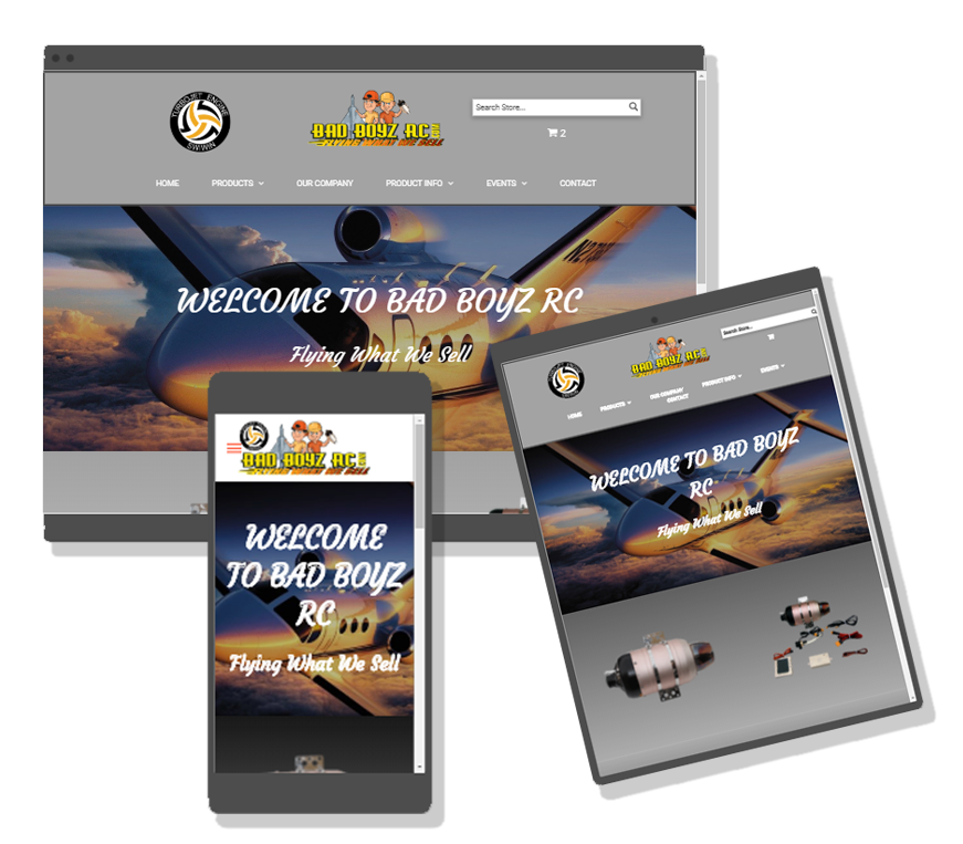 a website for bad boy rc is displayed on a computer , tablet , and cell phone