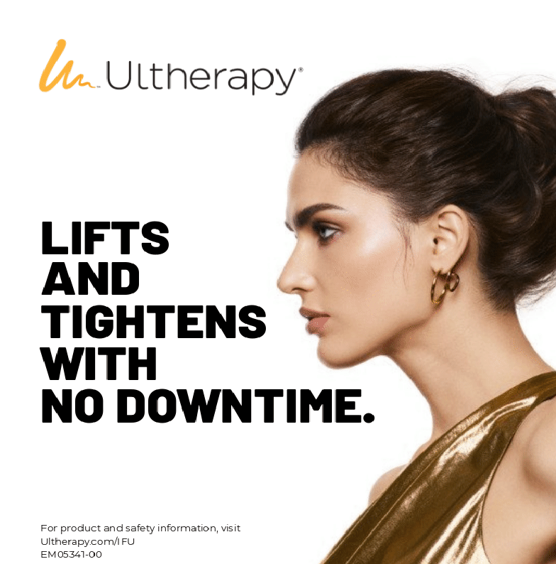 An advertisement for ultherapy shows a woman in a gold dress