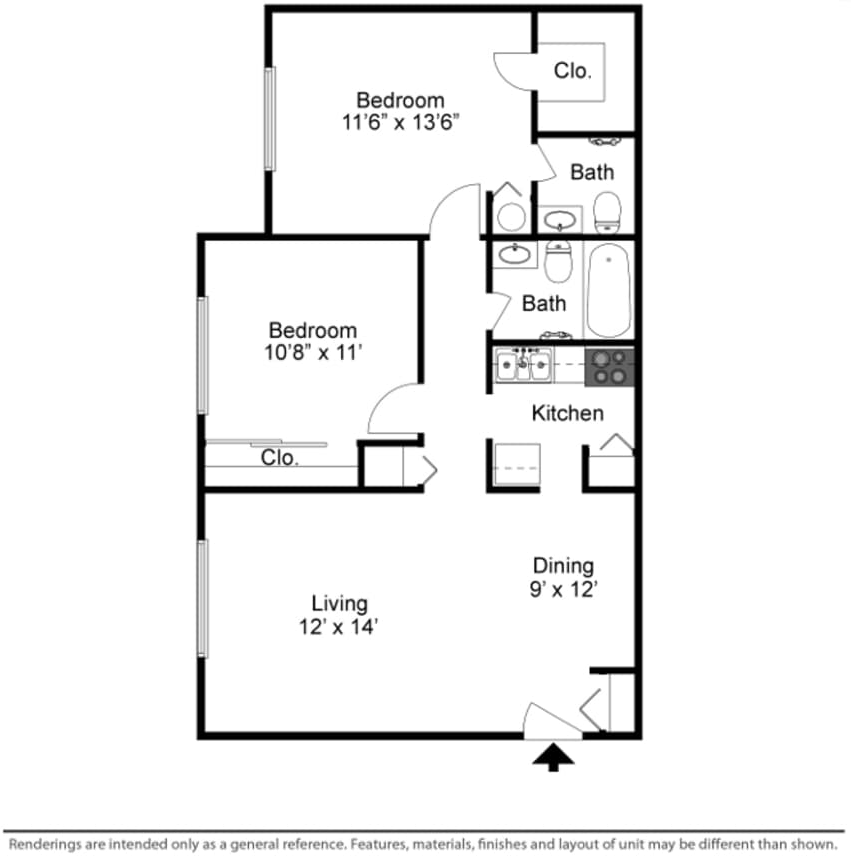 Hawks Landing Floor Plan 2 bed 1.5 bath