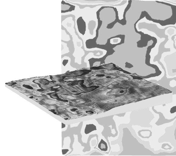 A 3D topographical map surface hovering over a flat, grayscale contour map showing variations in elevation.