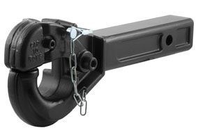 Black pintle hitch, with hook and receiver for towing.