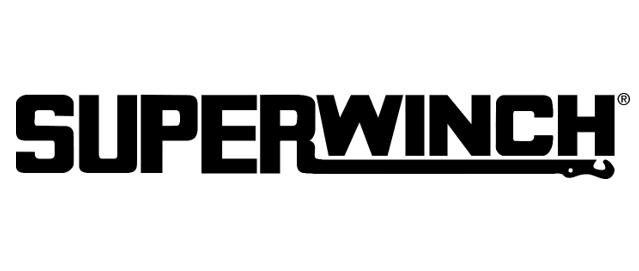 Logo for Superwinch, a winch manufacturer. Features the brand name in a bold font with a stylized winch hook.