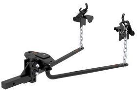 Black weight distribution hitch with spring bars and chains, likely for towing.
